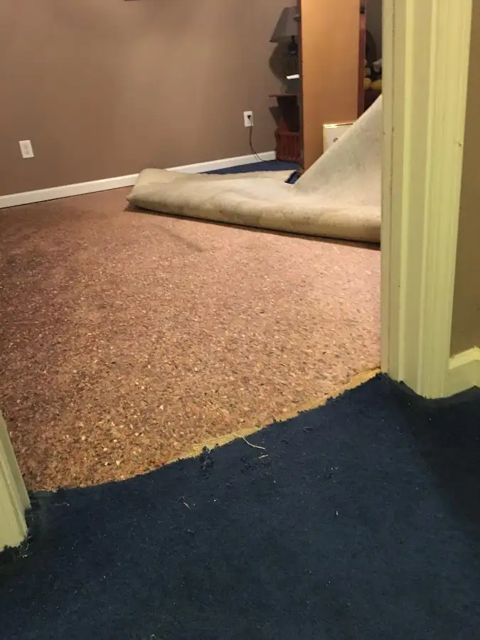 Carpet pad removal revealing water damage during Water Mitigation Services in White Lake